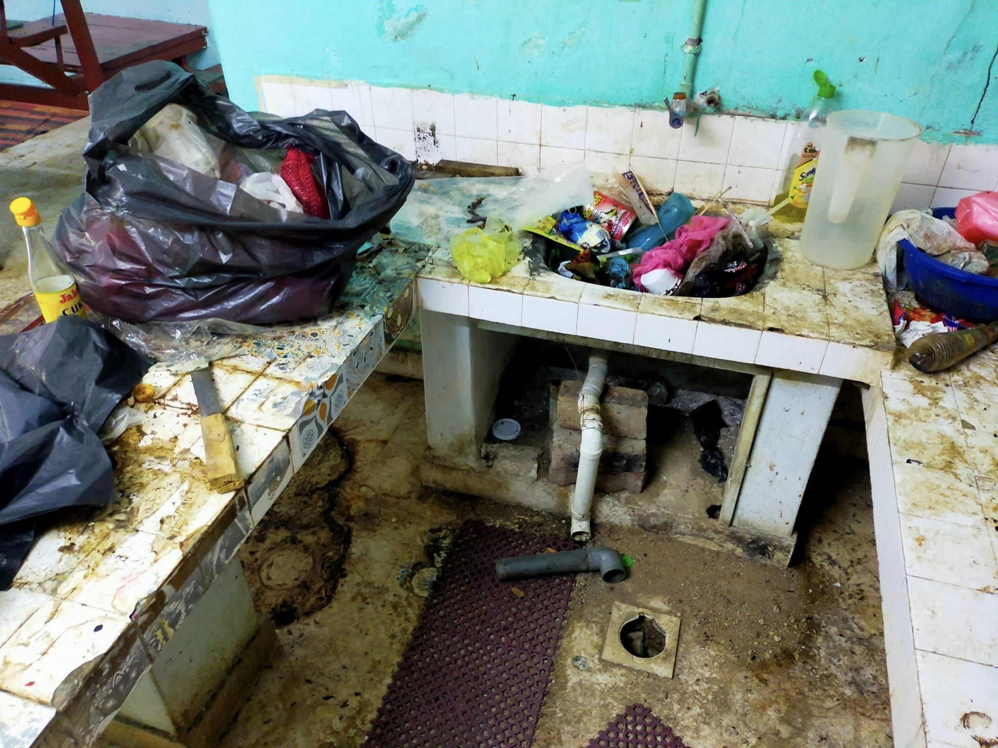 Dirty kitchen full of rubbish and rat carcasses
