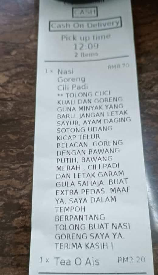 M'sian woman's lengthy list of instructions for fried rice order