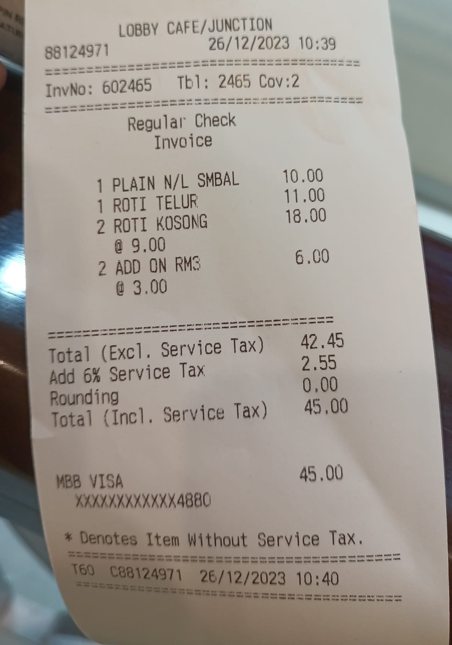 Receipt showing 2 pieces of roti canai being priced at rm18