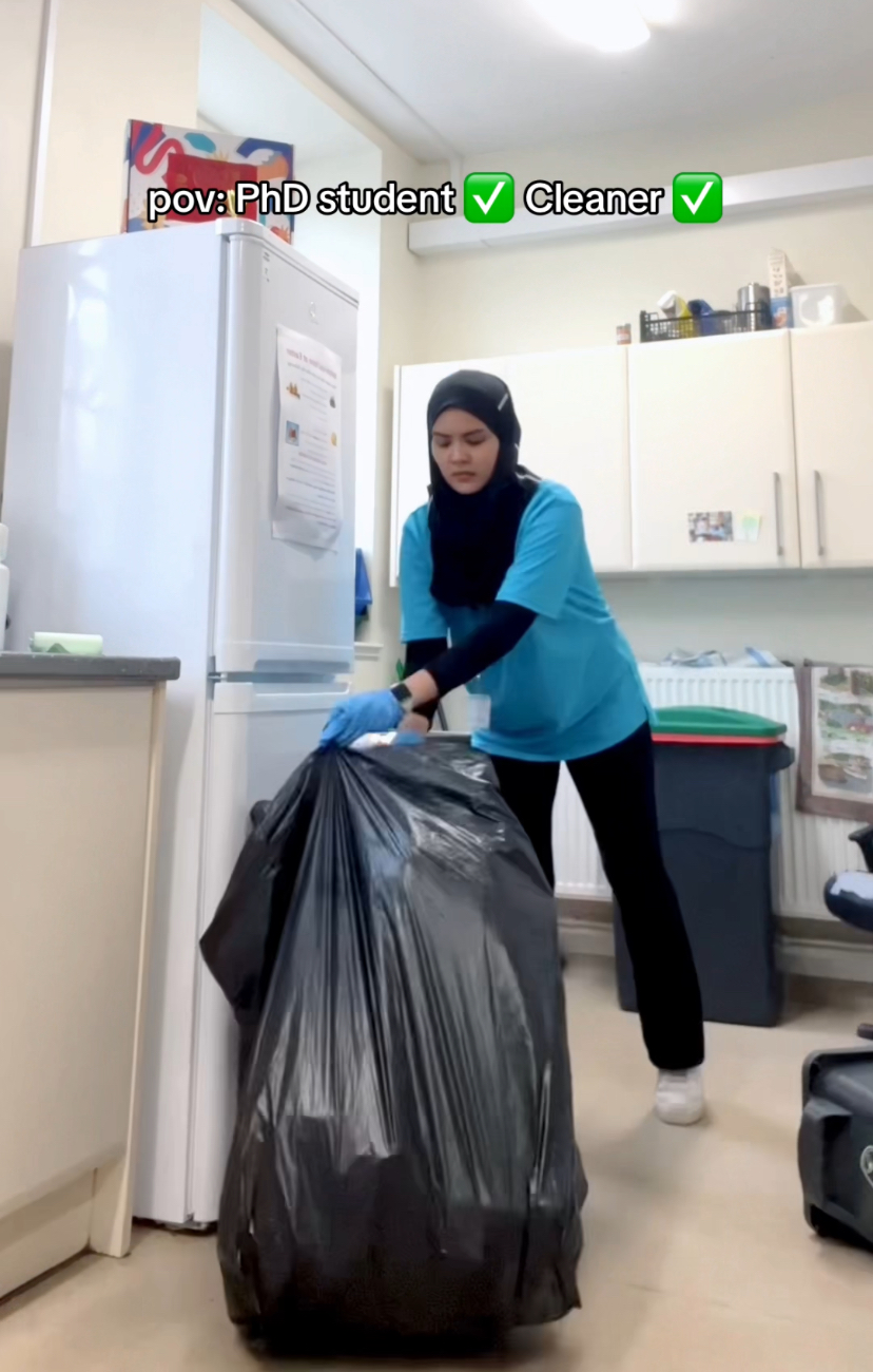 Izzah, malaysian phd student in the uk who does part time job as cleaner.