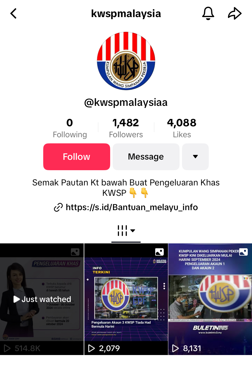 Beware of this fake epf tiktok account that says you can make a special withdrawal