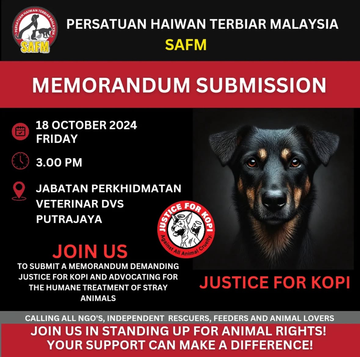 Statement from Persatuan Haiwan Terbiar Malaysia (SAFM) on the death of Kopi