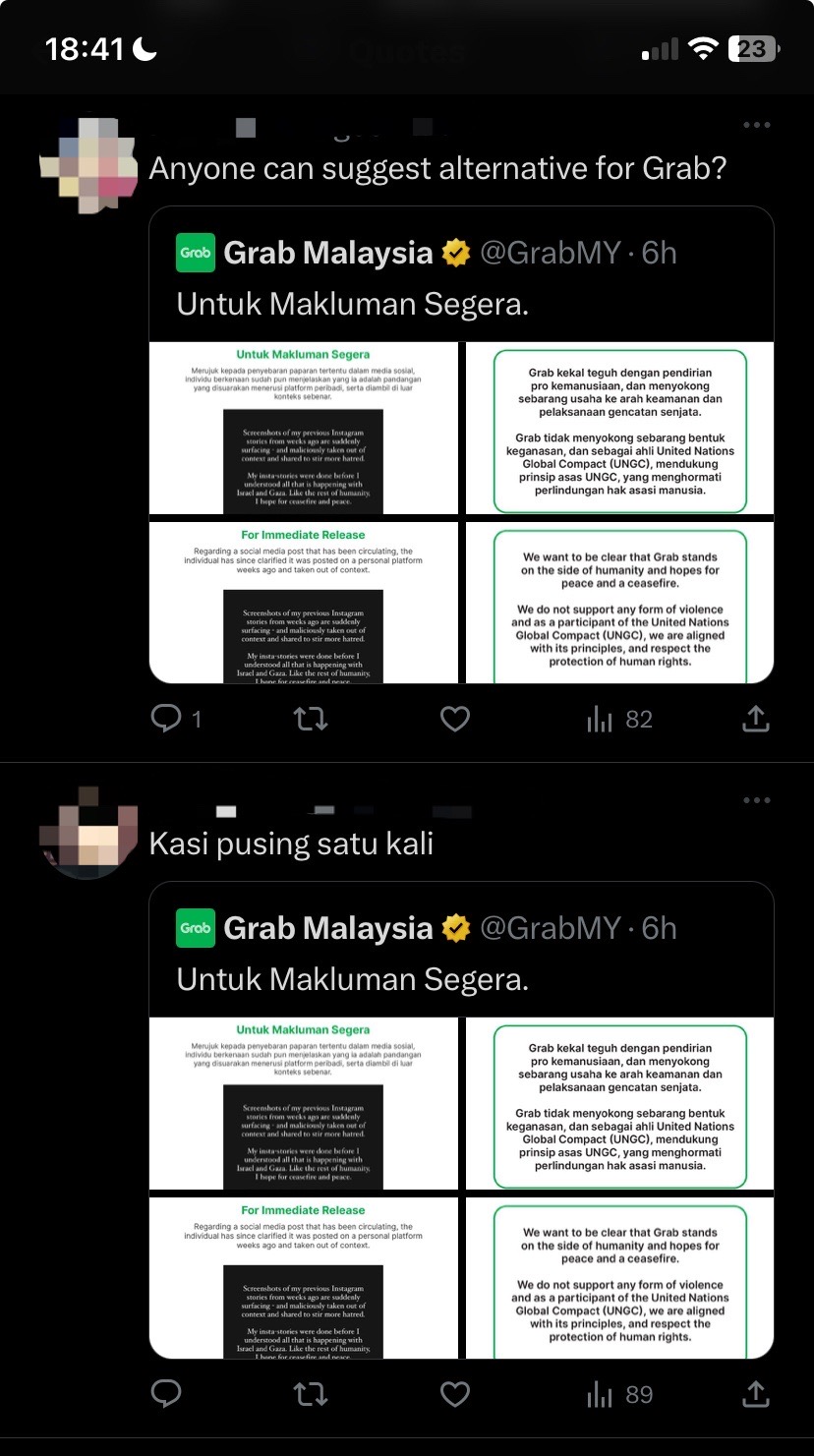 M'sians call for grab to be cancelled after wife of its co-founder shares her israel trip on ig - comment