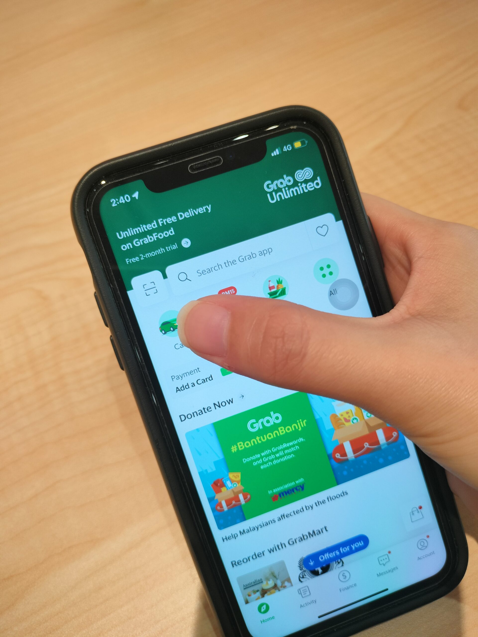 Booking a ride on the grab app