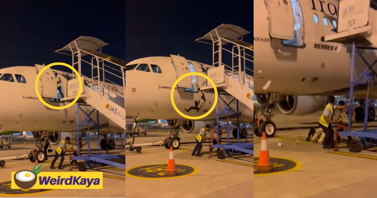 Indonesian airport staff falls off from plane door after ladder was moved without him knowing | weirdkaya