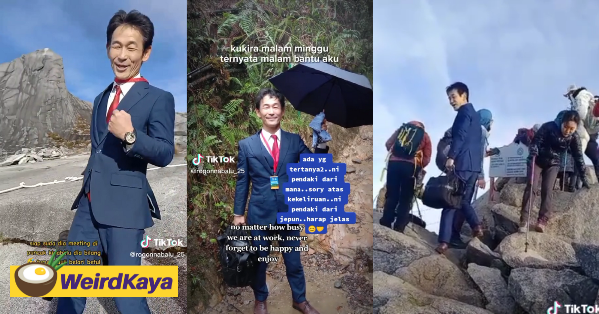 Japanese man climbs mt kinabalu in a suit to attend 'business meeting' | weirdkaya
