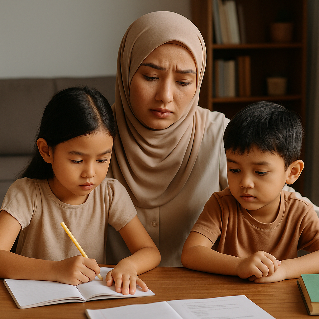 Kid studying hard with mum