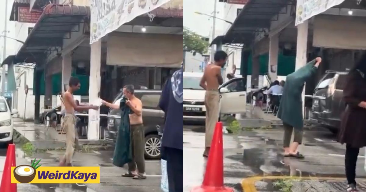 Kind-hearted man takes off own clothes to shield homeless person from the rain | weirdkaya