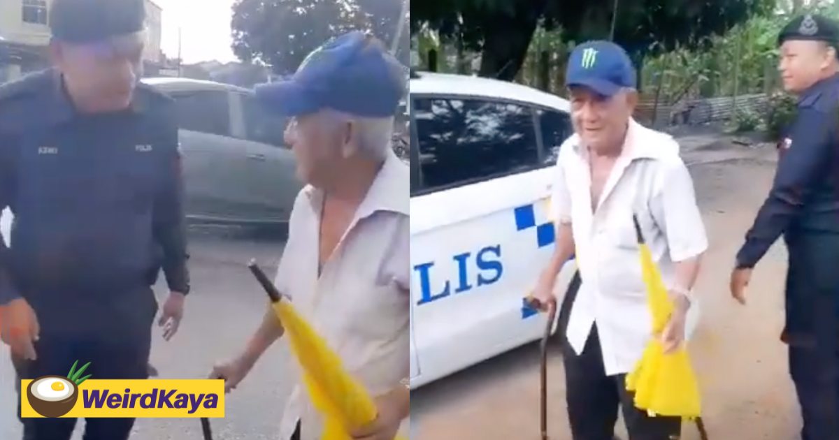 Kind m'sian police officer fetches elderly man home after seeing him walk alone in the rain | weirdkaya