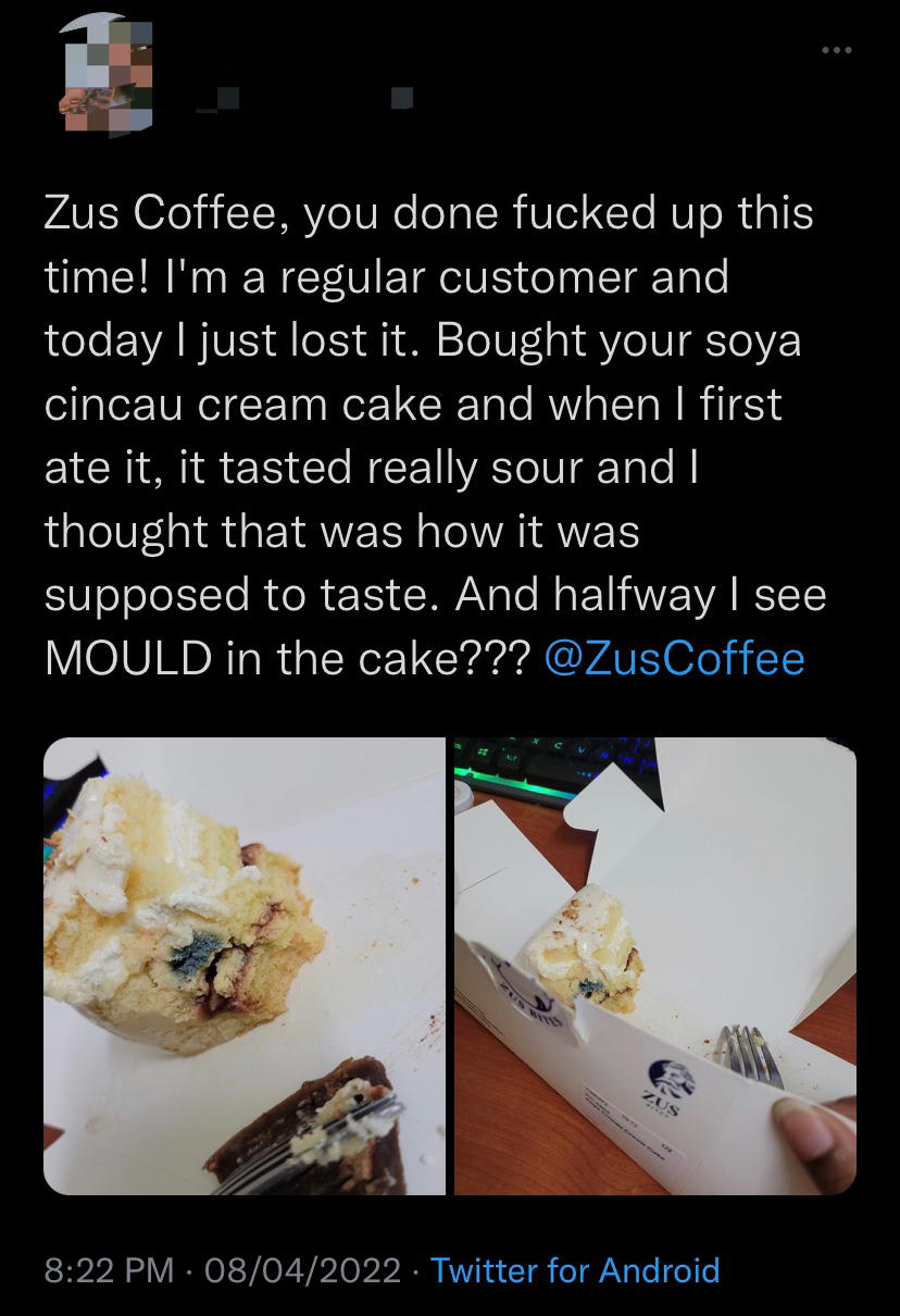 'you f***ed up! ' upset customer bashes zus coffee after discovering mould in her sliced cake | weirdkaya