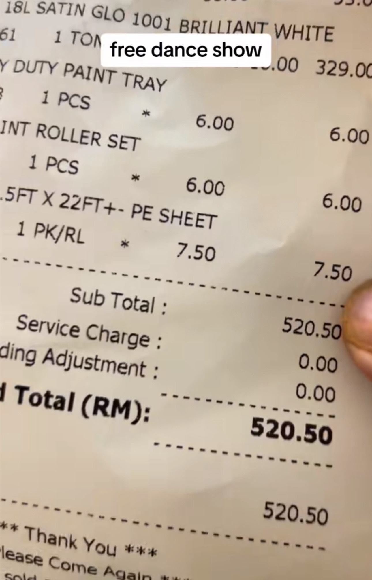 Receipt after purchasing paint items totaling rm520. 50