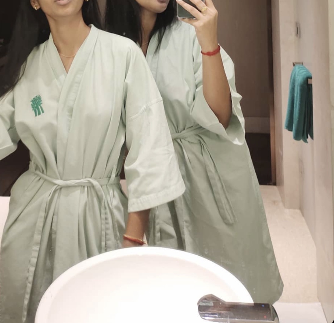 Two girls with spa robe at a hotel