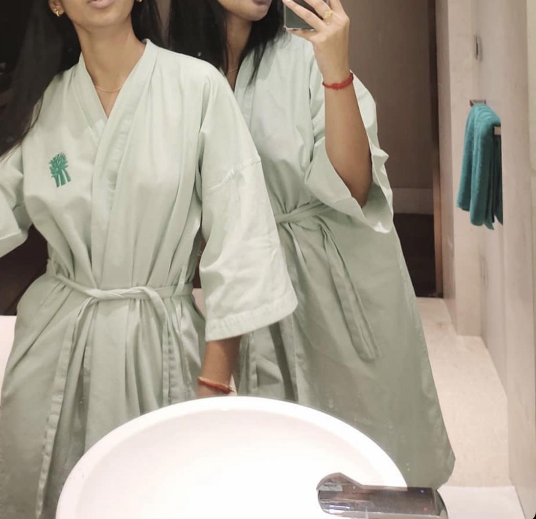 Two girls with spa robe at a hotel