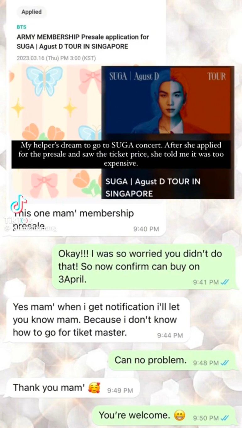 S'porean woman and her siblings make maid's dream come true by gifting her tickets to k-pop artist suga's concert