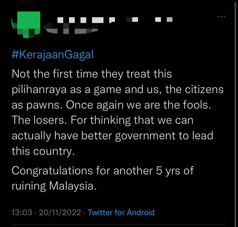 #kerajaangagal is trending on twitter amid political uncertainty post-ge15