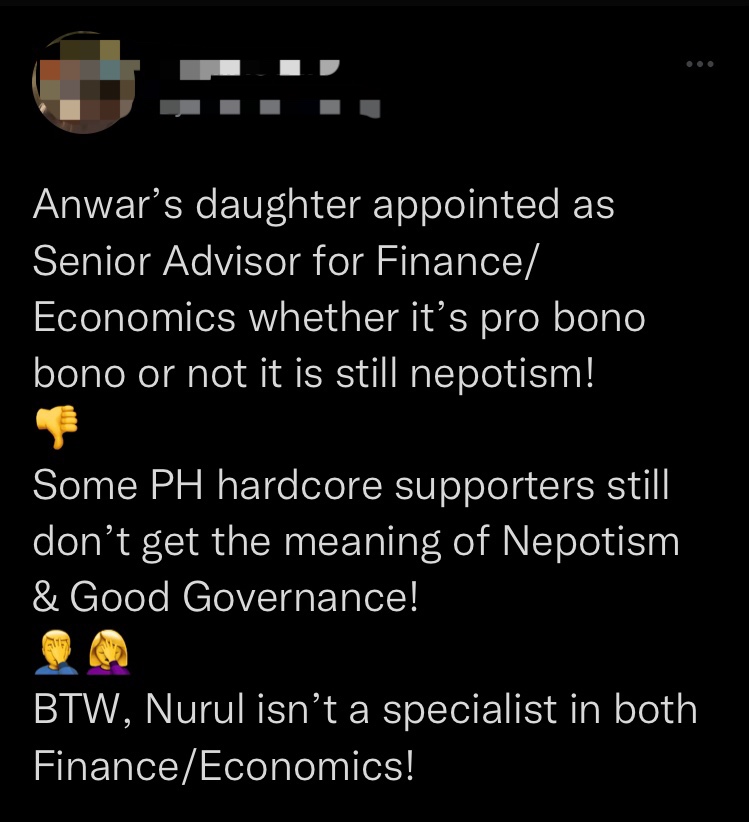 M’sians are unhappy with anwar’s decision to appoint nurul izzah as economic & financial advisor comment 1