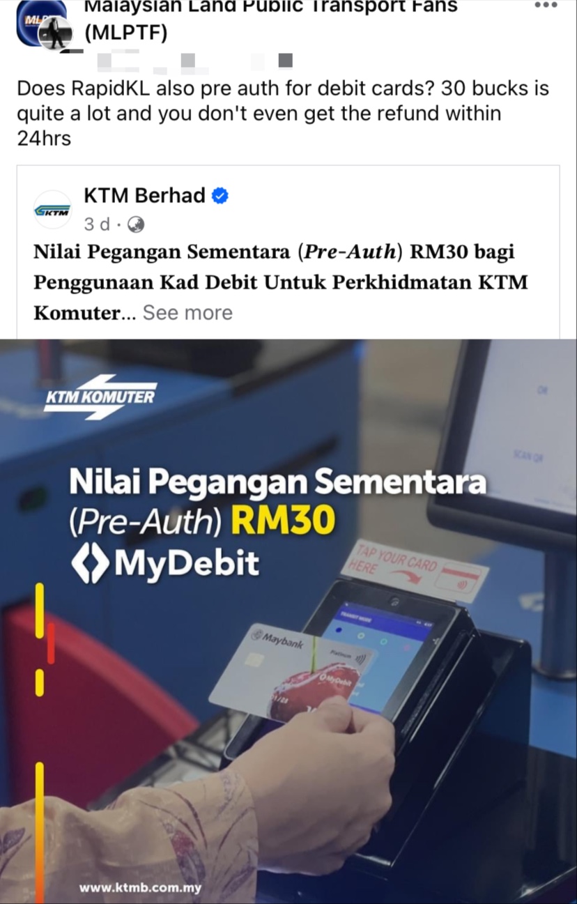 Ktm introduces rm30 pre-authorized fee for debit card payments, sparks online debate | weirdkaya