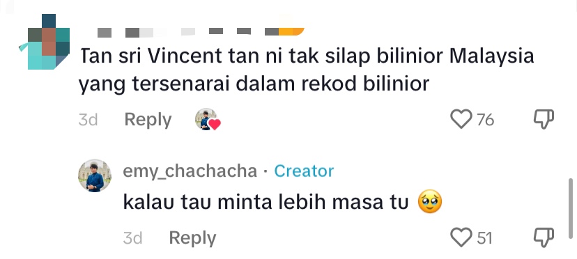 Comment about tan sri vincent tan with rider