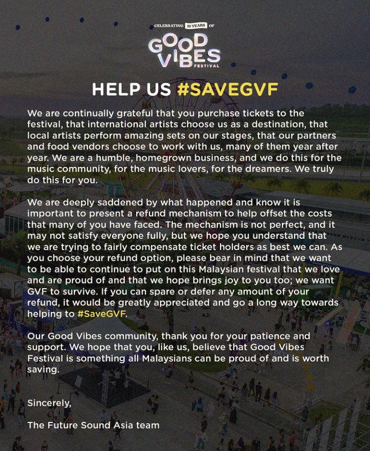 Good vibes festival statement about refund and compensations.