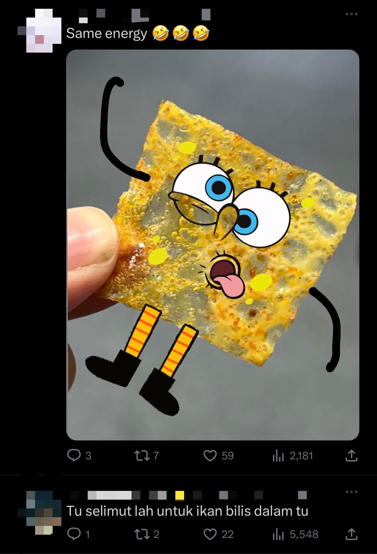 A post screenshotted from twitter where the egg resembles spongebob