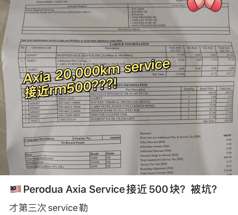 'pricier than honda?! '- m'sian shocked by rm475 service fee for axia car which was less than a year old | weirdkaya