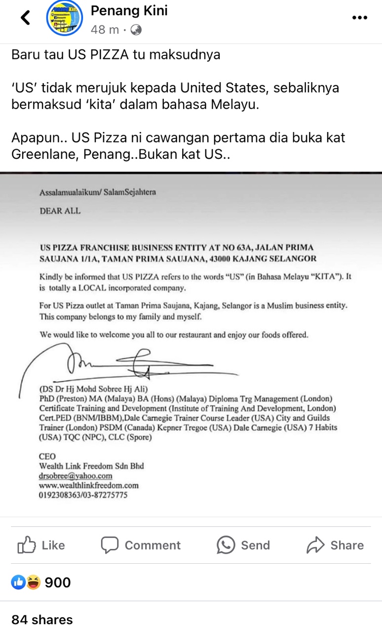 Us pizza at prima saujana outlet clarifies 'us' stands for 'kita' in malay