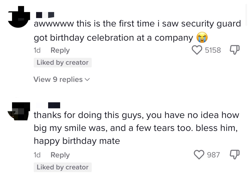 M'sian company organizes surprise birthday celebration for security guard, leaving him in tears