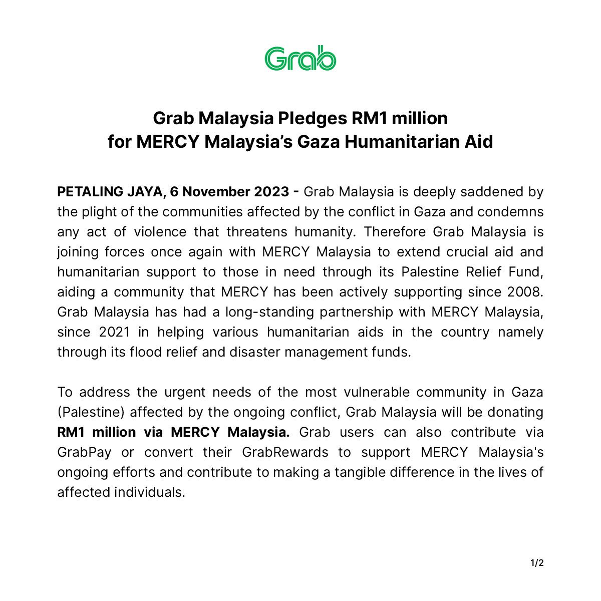 Grab malaysia announces rm1mil aid to gaza