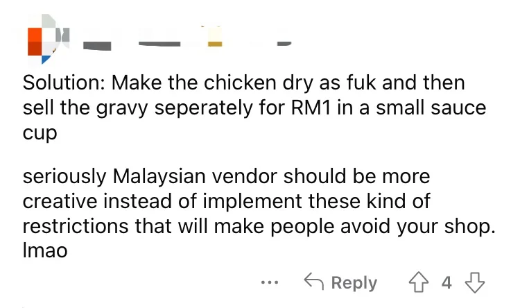 Economy rice stall at m'sian uni doesn't allow students to take sauce without the chicken