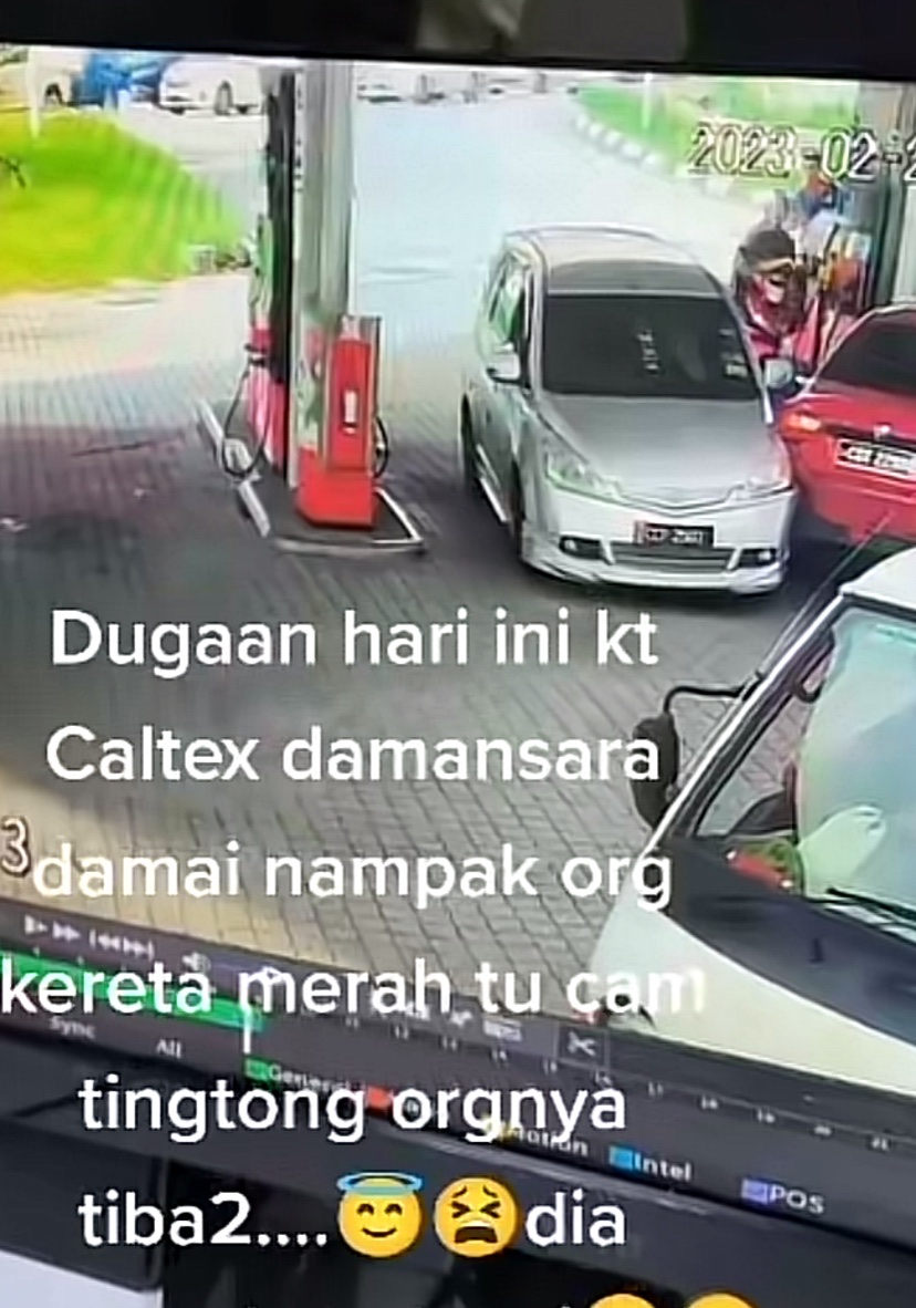 Proton saga crashes into parked suv while refueling at caltex, driver attempts to flee but falls into ditch