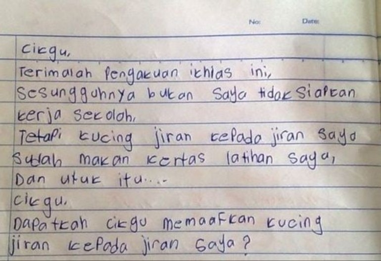 M'sian student writes letter to teacher apologizing for not turning in homework, claims neighbor's cat ate it