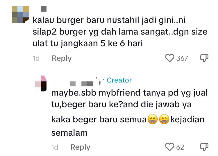 M'sian woman shocked to find maggots inside beef burger she bought from r&r stall comment 1