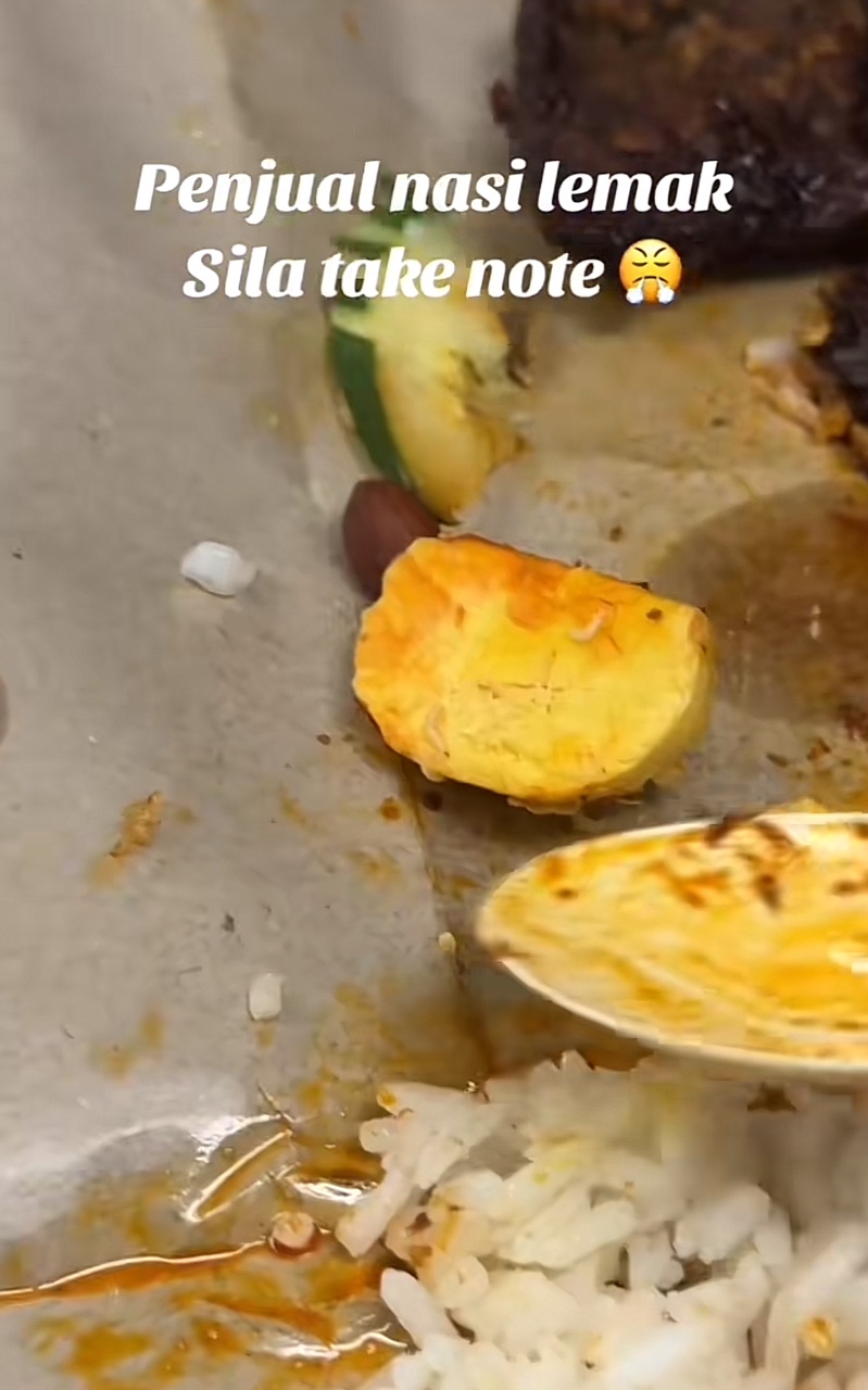 Maggots inside an egg yolk in a nasi lemak