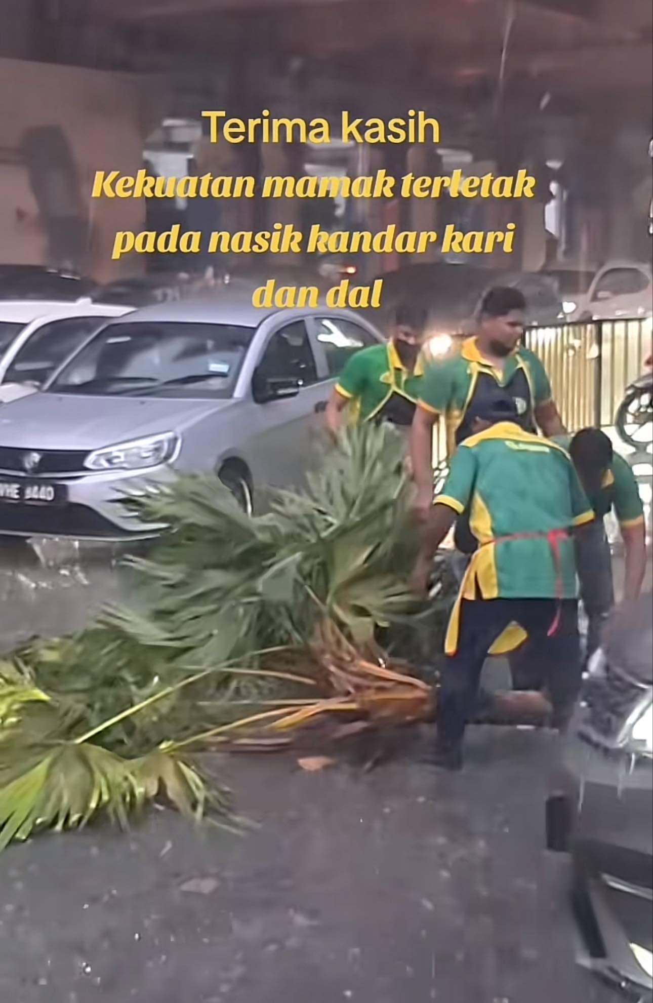 Nasi kandar workers removing the fallen tree off the road
