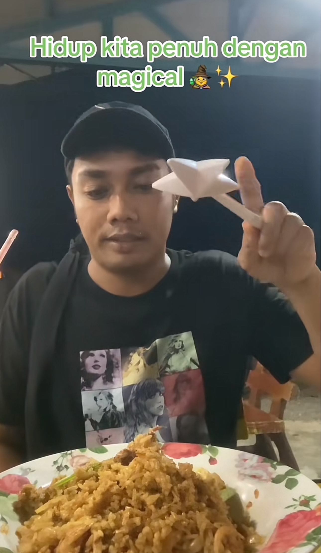 Man seasoning his food with salt from wand