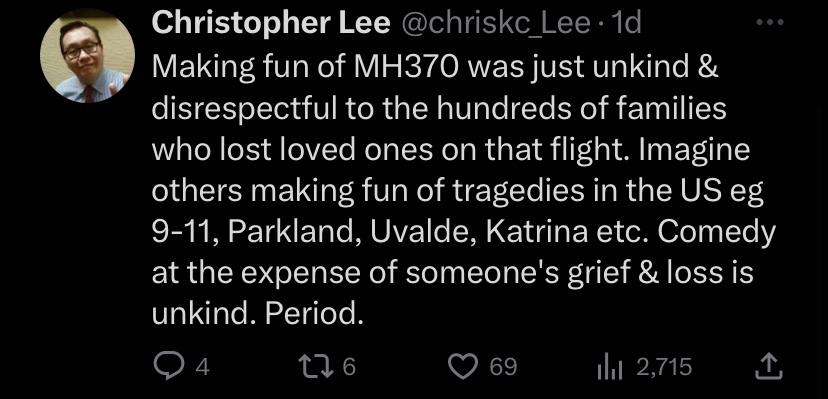 Comedian jocelyn chia sparks outrage again, mockingly laughs that mh370 'only had 200 casualties’ | weirdkaya