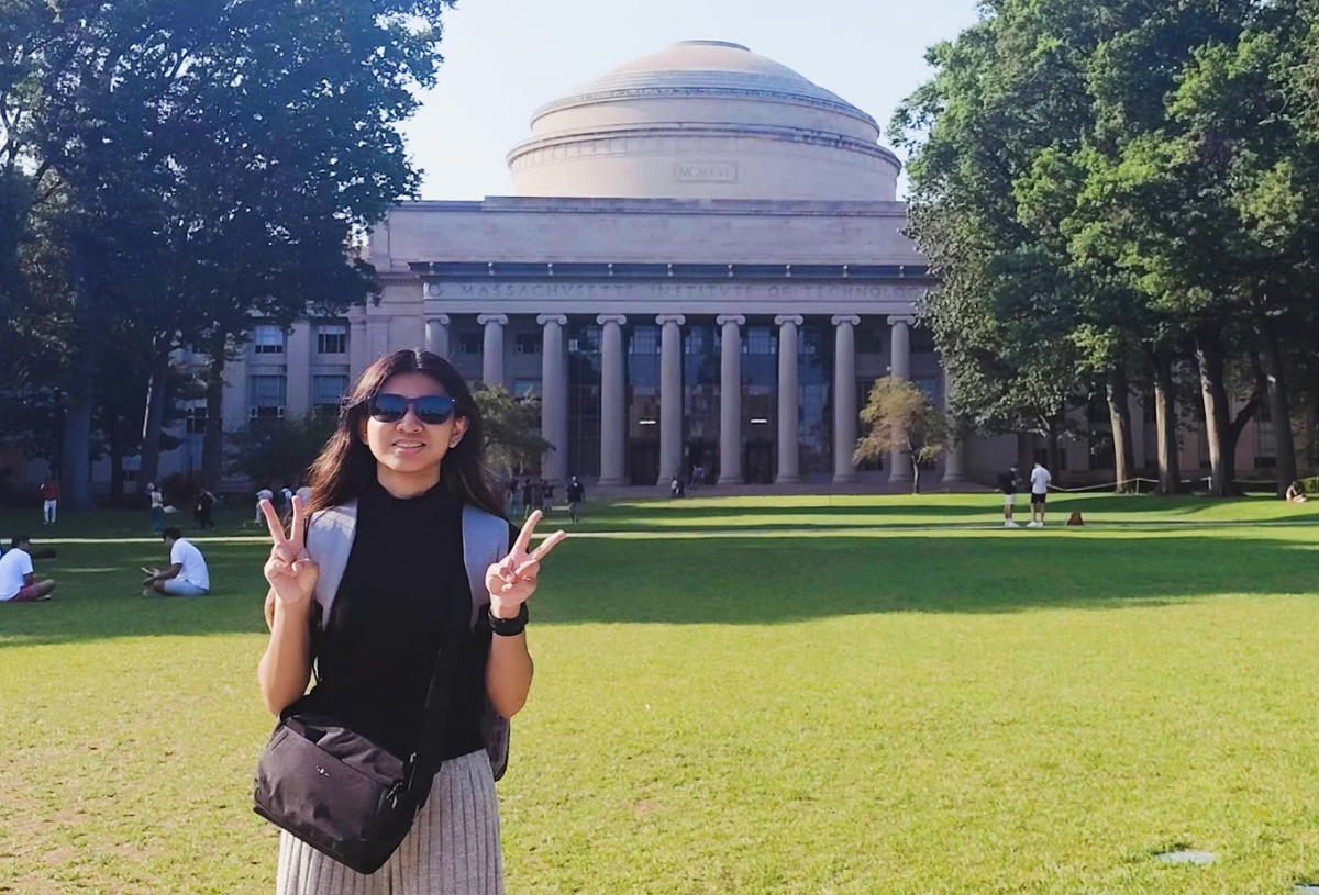 Leia posing at MIT building