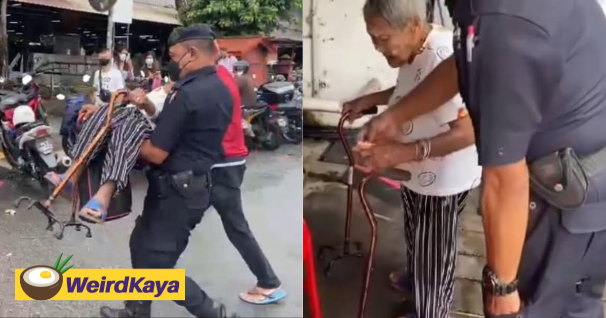 Kind pdrm officer carries old woman across the road & pays for her meal | weirdkaya