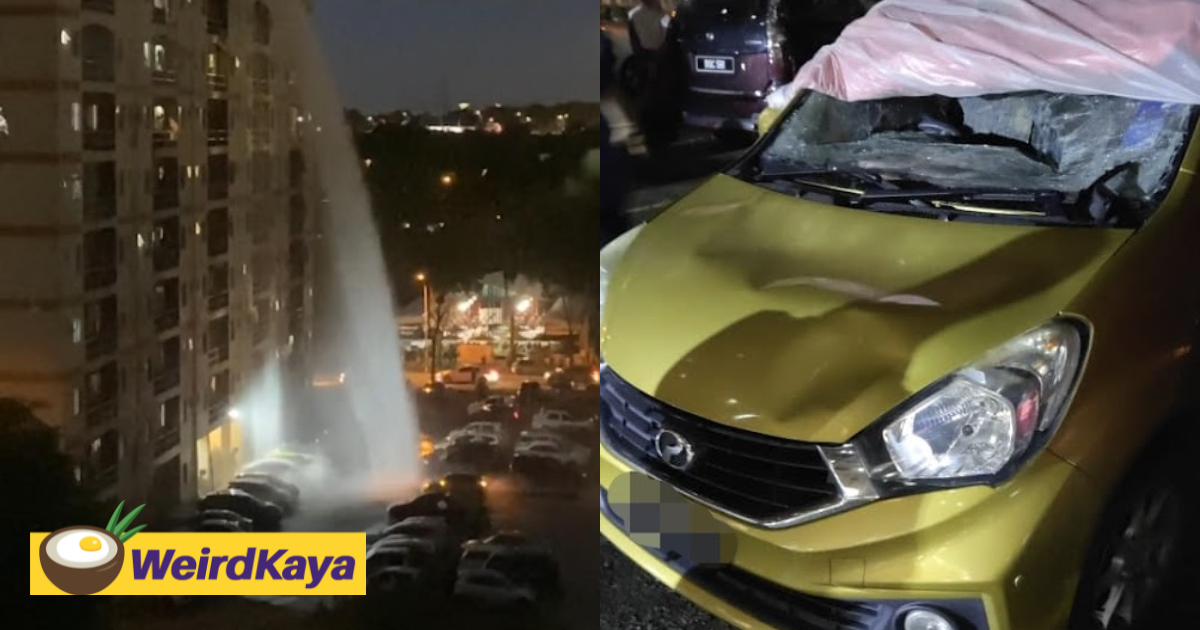 Puchong flat turns into giant 'waterfall' after rooftop water tank bursts, leaves 6 cars damaged | weirdkaya
