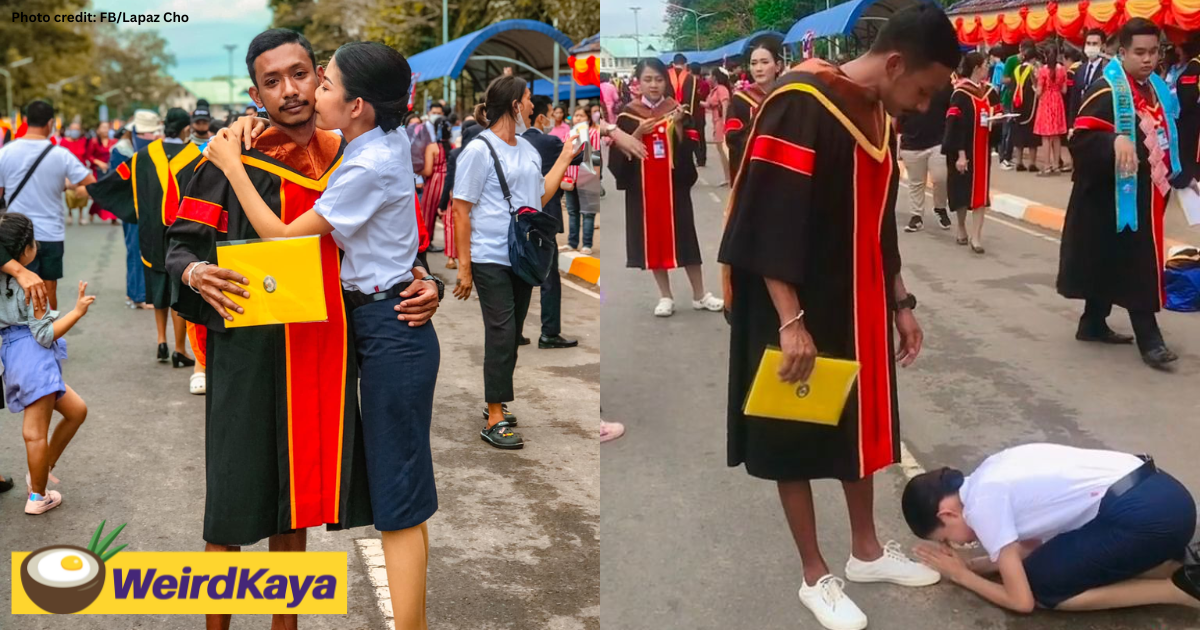 Thai woman bows at brother's feet to thank him for sacrificing his education to fulfil hers | weirdkaya