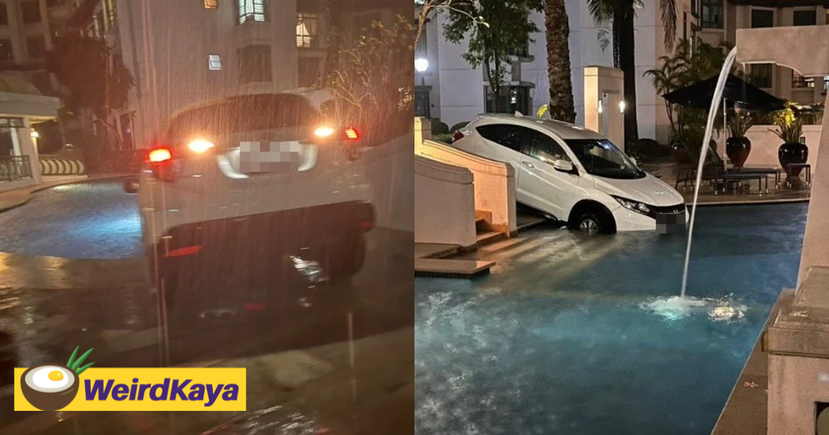 Carpooling gone wrong: e-hailing driver accidentally drives into swimming pool amid heavy downpour | weirdkaya