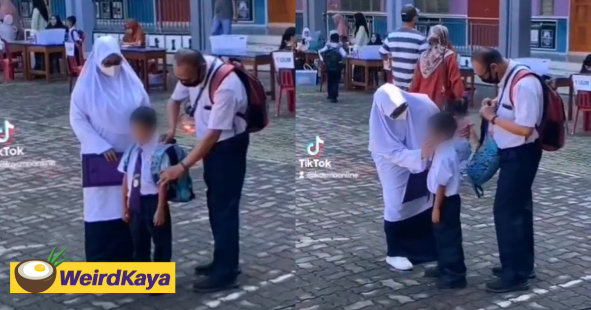 Supportive m'sian parents wear school uniforms to encourage son on his first day at school | weirdkaya