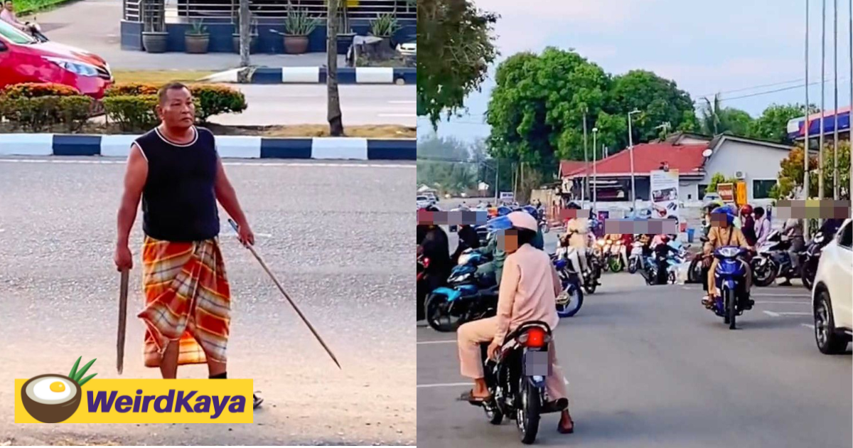 M'sian uncle dressed in sarong waves wooden stick at mat rempits on 1st day of raya | weirdkaya