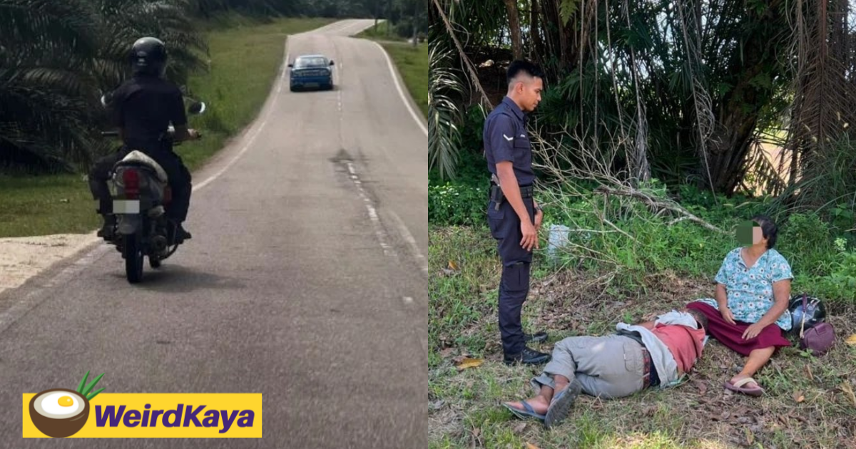 Kind m’sian policeman sends old couple lying on the roadside home with police car & helps ride their motor back | weirdkaya