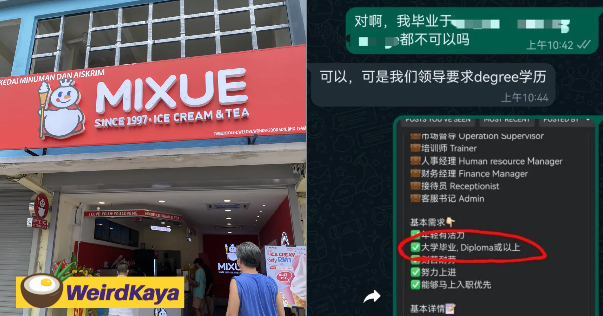Mixue malaysia under fire for allegedly only hiring degree holders | weirdkaya