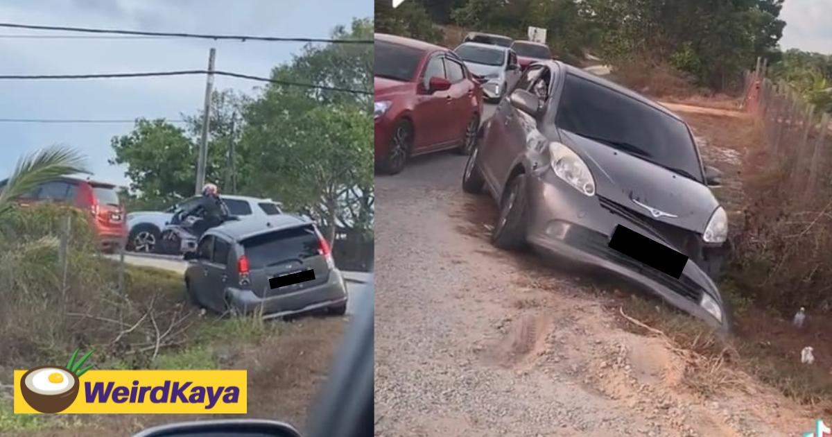 Impatient myvi driver tries to cut queue and overtake other cars, get stuck in the ditch instead | weirdkaya