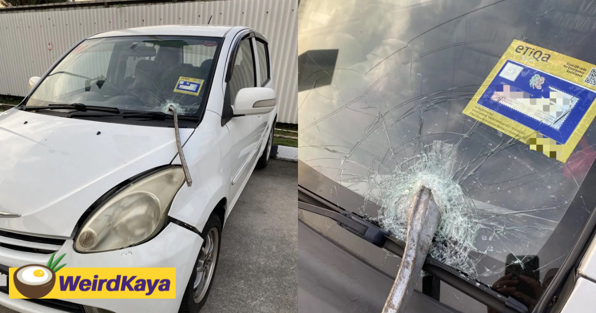 M'sian woman left shaken after metal pole pierces right through her car windshield | weirdkaya