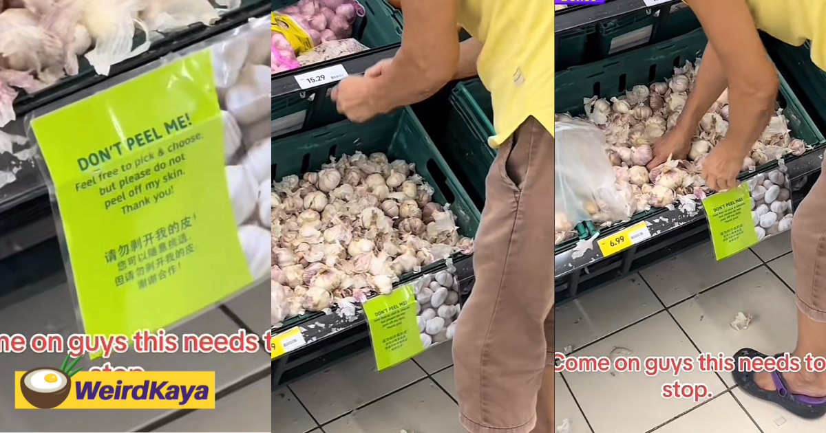 Elderly m'sian lady peels garlic at supermarket, get called out for ignoring sign | weirdkaya