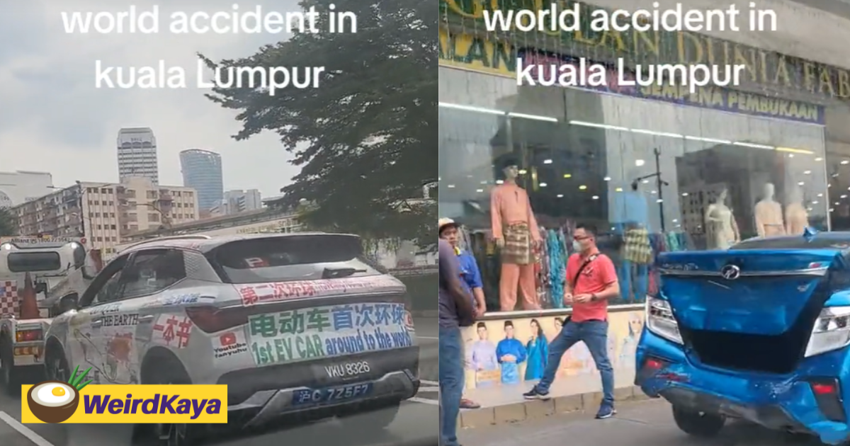 Couple gets into accident with perodua bezza while driving 'first ev car around the world' in kl | weirdkaya