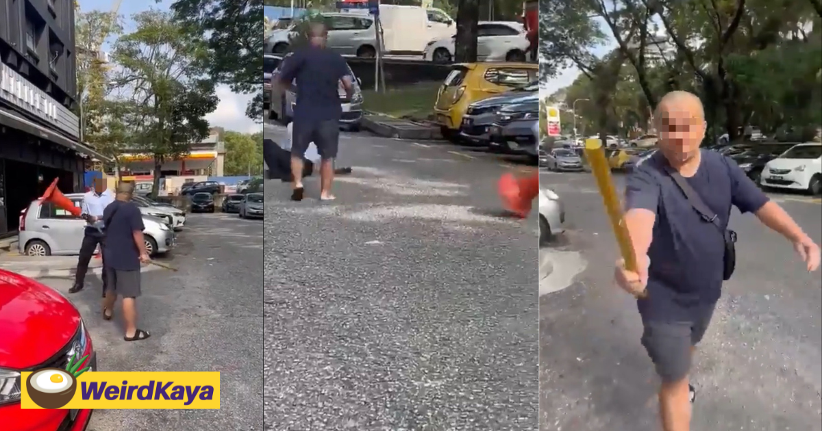 2 m'sian men fight each other with safety cone and rod at parking lot in kl | weirdkaya
